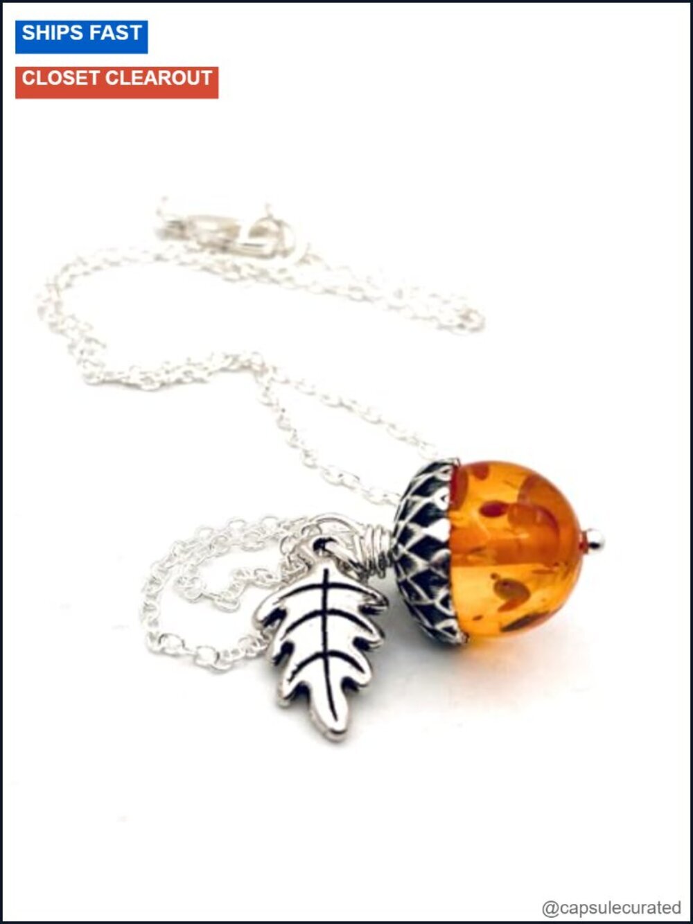Orange Acorn Pendant Necklace with Lucite Amber Stone - Sterling Silver Chain